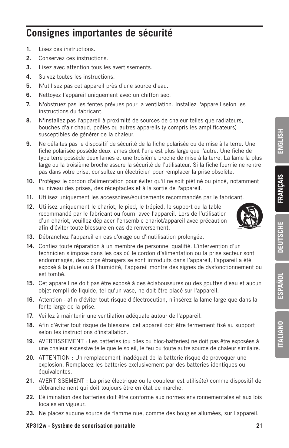 Consignes importantes de sécurité | Samson Expedition XP312w-D 12" 300W Portable PA System with Wireless Microphone (Band D: 542 to 566 MHz) User Manual | Page 21 / 88