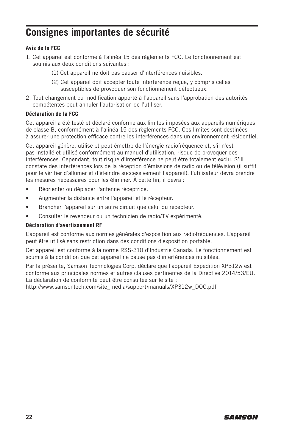 Consignes importantes de sécurité | Samson Expedition XP312w-D 12" 300W Portable PA System with Wireless Microphone (Band D: 542 to 566 MHz) User Manual | Page 22 / 88