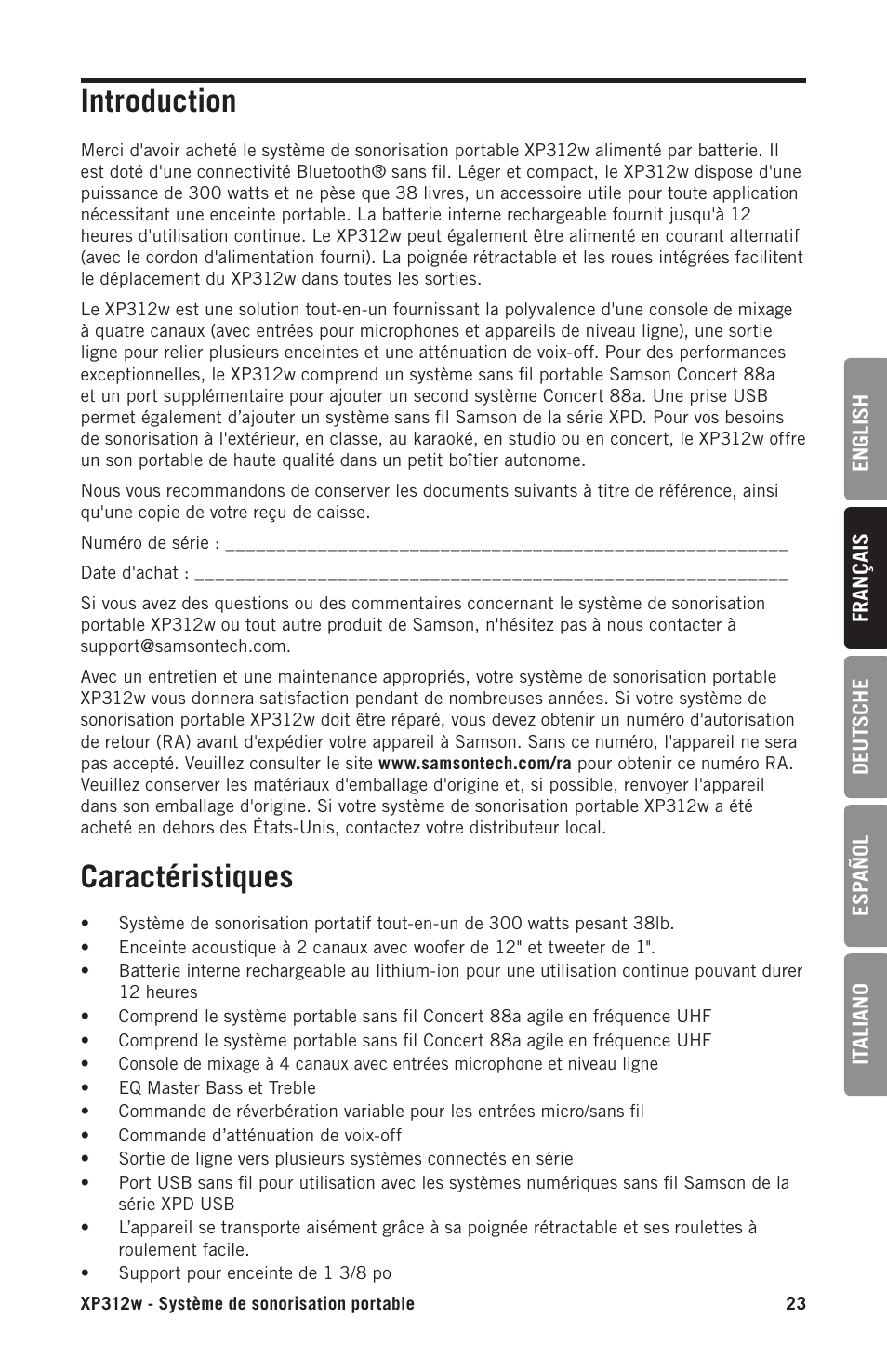 Introduction, Caractéristiques | Samson Expedition XP312w-D 12" 300W Portable PA System with Wireless Microphone (Band D: 542 to 566 MHz) User Manual | Page 23 / 88