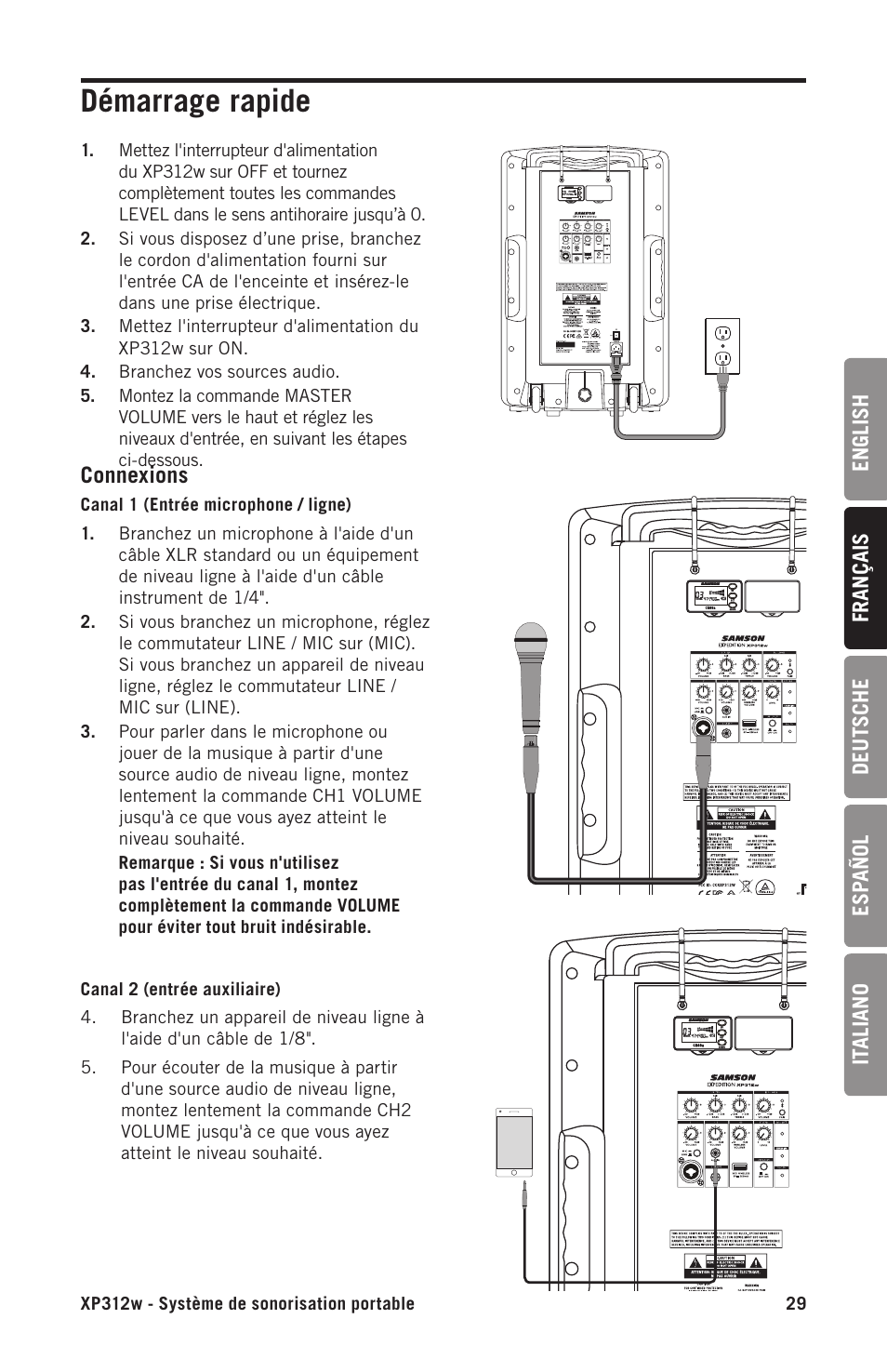 Démarrage rapide | Samson Expedition XP312w-D 12" 300W Portable PA System with Wireless Microphone (Band D: 542 to 566 MHz) User Manual | Page 29 / 88