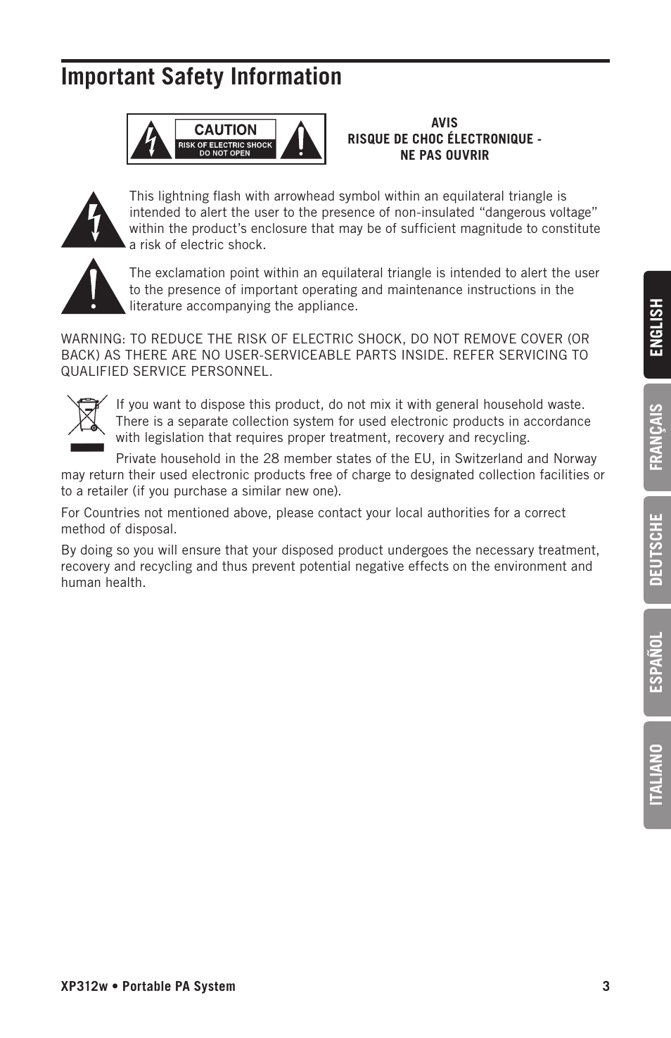 Important safety information | Samson Expedition XP312w-D 12" 300W Portable PA System with Wireless Microphone (Band D: 542 to 566 MHz) User Manual | Page 3 / 88