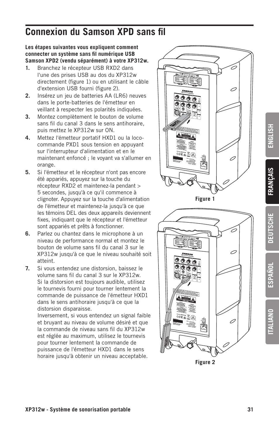 Connexion du samson xpd sans fil | Samson Expedition XP312w-D 12" 300W Portable PA System with Wireless Microphone (Band D: 542 to 566 MHz) User Manual | Page 31 / 88