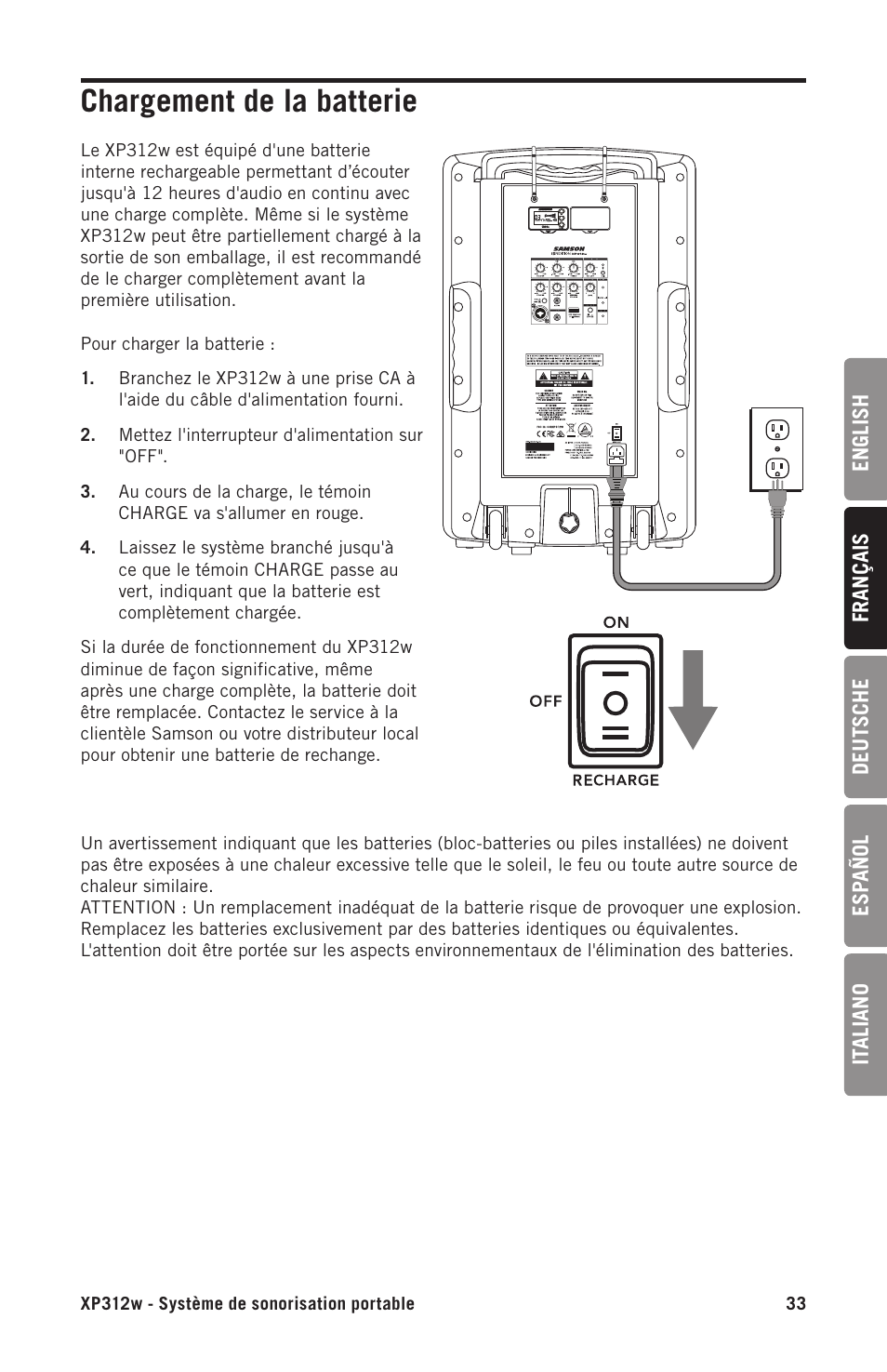 Chargement de la batterie | Samson Expedition XP312w-D 12" 300W Portable PA System with Wireless Microphone (Band D: 542 to 566 MHz) User Manual | Page 33 / 88