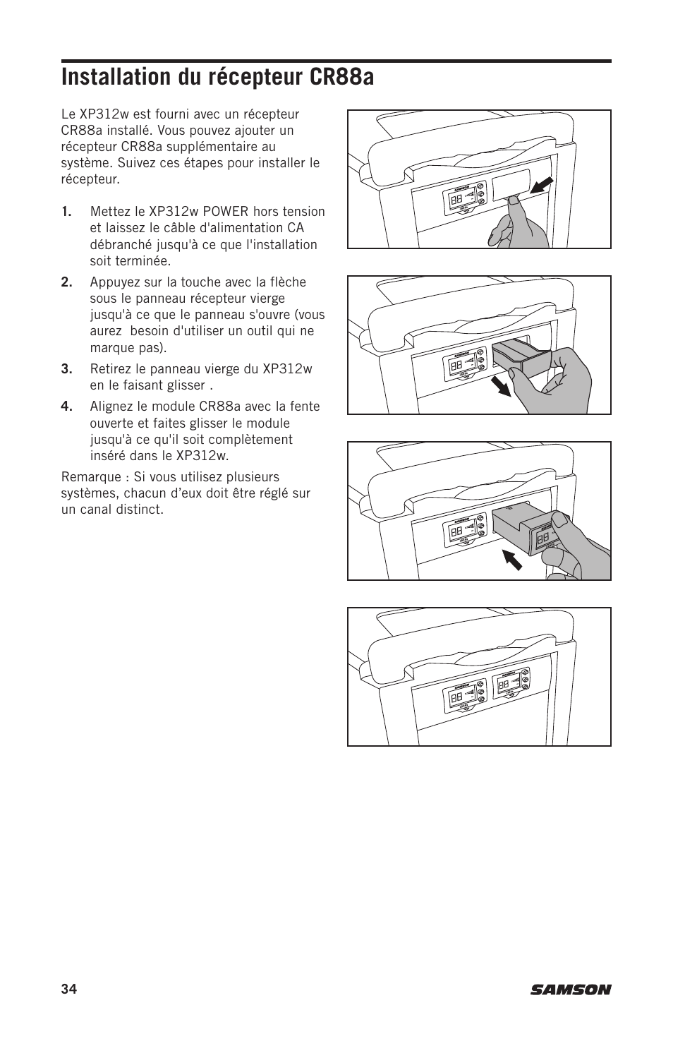 Installation du récepteur cr88a | Samson Expedition XP312w-D 12" 300W Portable PA System with Wireless Microphone (Band D: 542 to 566 MHz) User Manual | Page 34 / 88