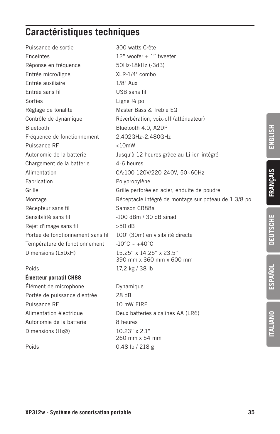 Caractéristiques techniques | Samson Expedition XP312w-D 12" 300W Portable PA System with Wireless Microphone (Band D: 542 to 566 MHz) User Manual | Page 35 / 88