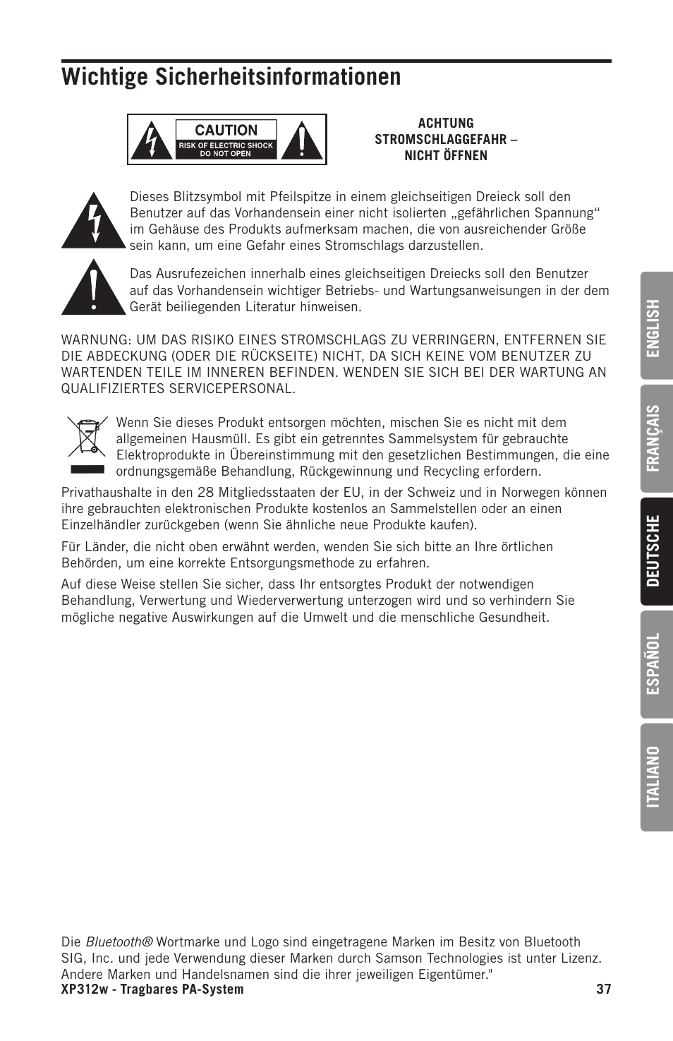 Wichtige sicherheitsinformationen | Samson Expedition XP312w-D 12" 300W Portable PA System with Wireless Microphone (Band D: 542 to 566 MHz) User Manual | Page 37 / 88