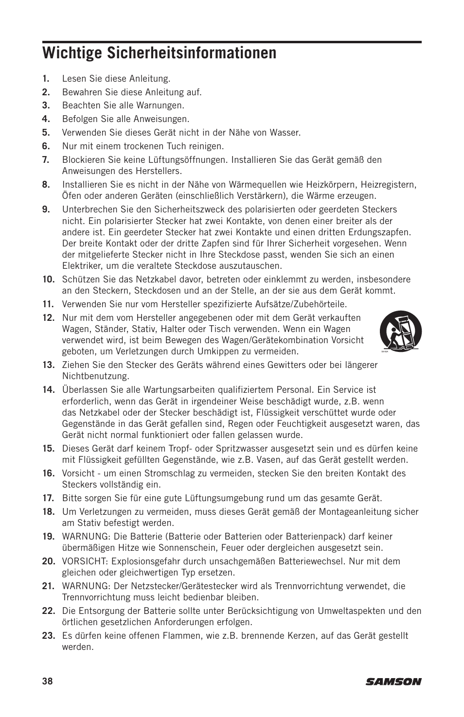 Wichtige sicherheitsinformationen | Samson Expedition XP312w-D 12" 300W Portable PA System with Wireless Microphone (Band D: 542 to 566 MHz) User Manual | Page 38 / 88