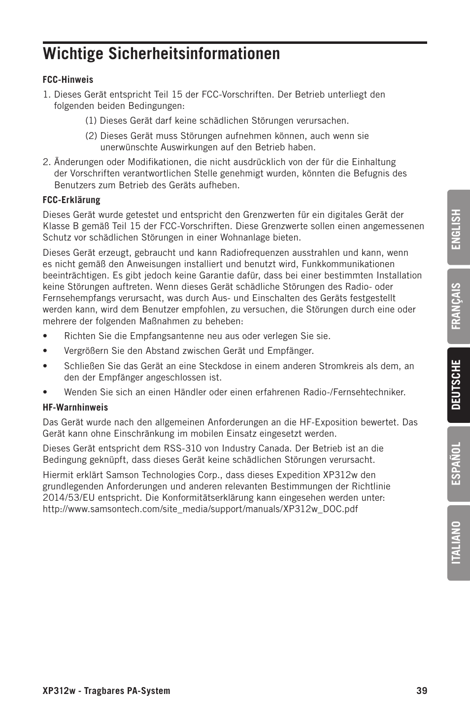 Wichtige sicherheitsinformationen | Samson Expedition XP312w-D 12" 300W Portable PA System with Wireless Microphone (Band D: 542 to 566 MHz) User Manual | Page 39 / 88