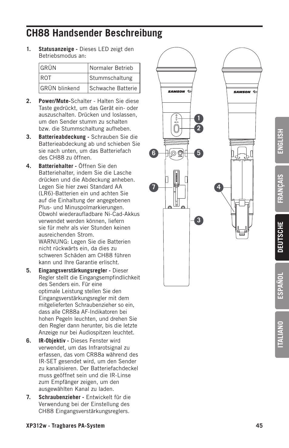 Ch88 handsender beschreibung | Samson Expedition XP312w-D 12" 300W Portable PA System with Wireless Microphone (Band D: 542 to 566 MHz) User Manual | Page 45 / 88