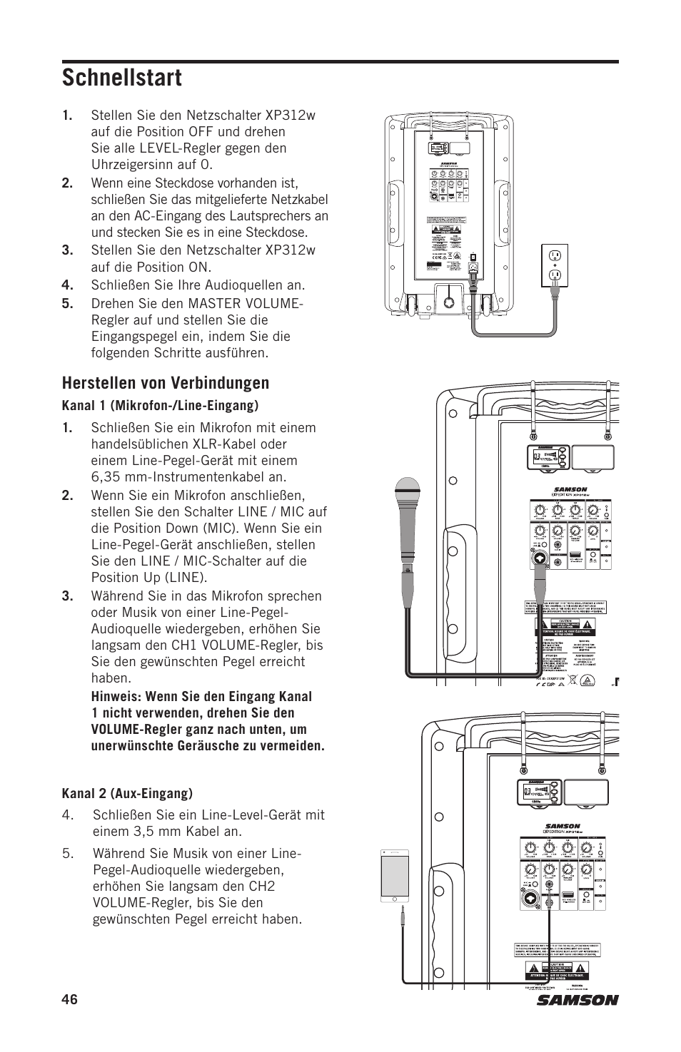 Schnellstart, Herstellen von verbindungen | Samson Expedition XP312w-D 12" 300W Portable PA System with Wireless Microphone (Band D: 542 to 566 MHz) User Manual | Page 46 / 88