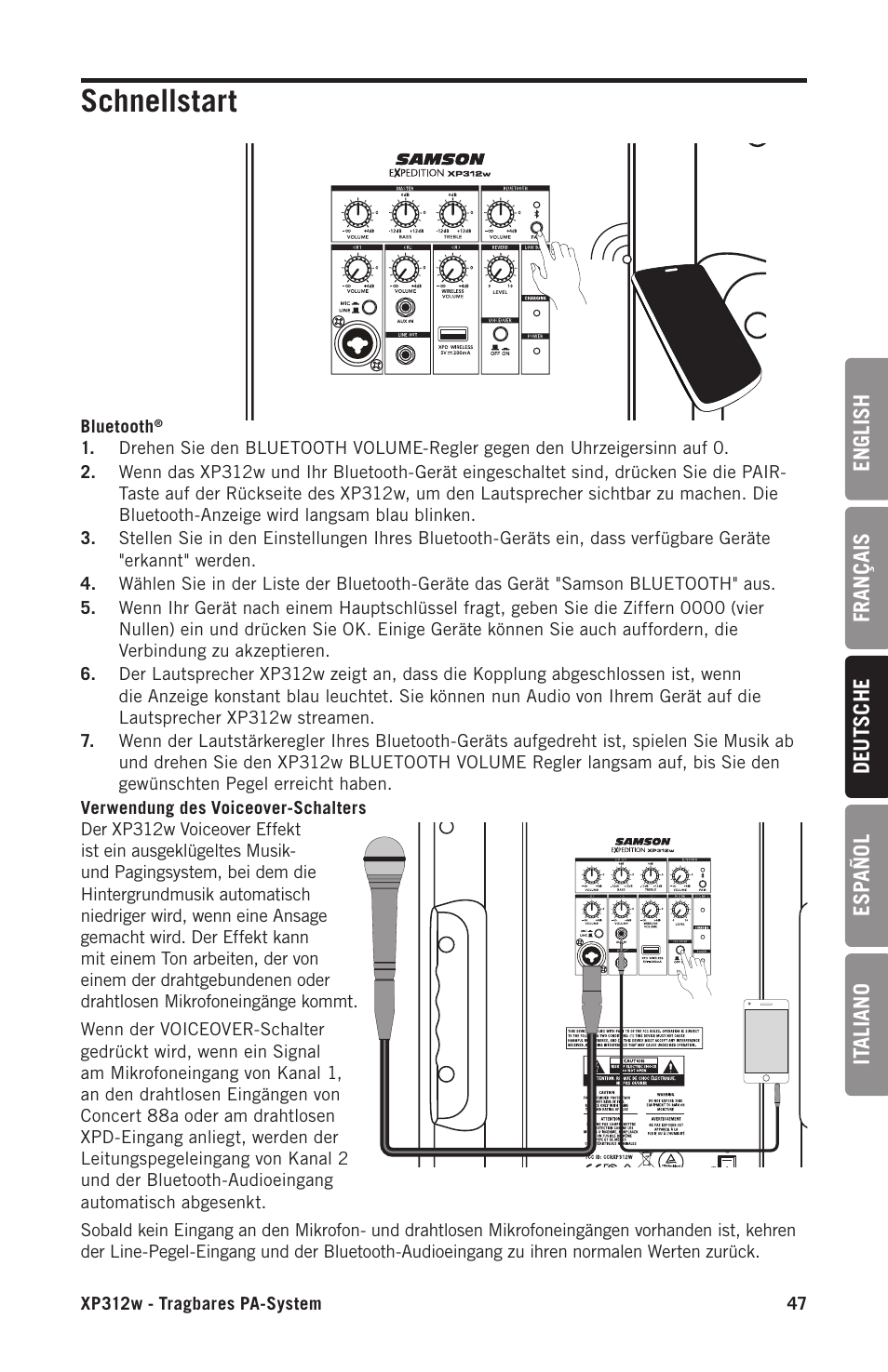 Schnellstart | Samson Expedition XP312w-D 12" 300W Portable PA System with Wireless Microphone (Band D: 542 to 566 MHz) User Manual | Page 47 / 88