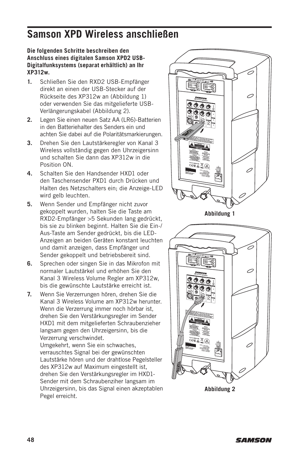 Samson xpd wireless anschließen | Samson Expedition XP312w-D 12" 300W Portable PA System with Wireless Microphone (Band D: 542 to 566 MHz) User Manual | Page 48 / 88