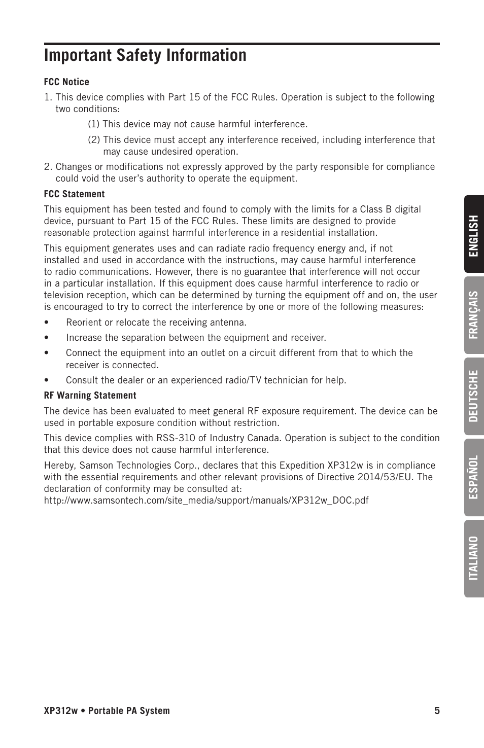 Important safety information | Samson Expedition XP312w-D 12" 300W Portable PA System with Wireless Microphone (Band D: 542 to 566 MHz) User Manual | Page 5 / 88