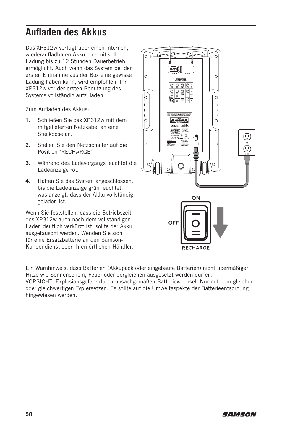 Aufladen des akkus | Samson Expedition XP312w-D 12" 300W Portable PA System with Wireless Microphone (Band D: 542 to 566 MHz) User Manual | Page 50 / 88