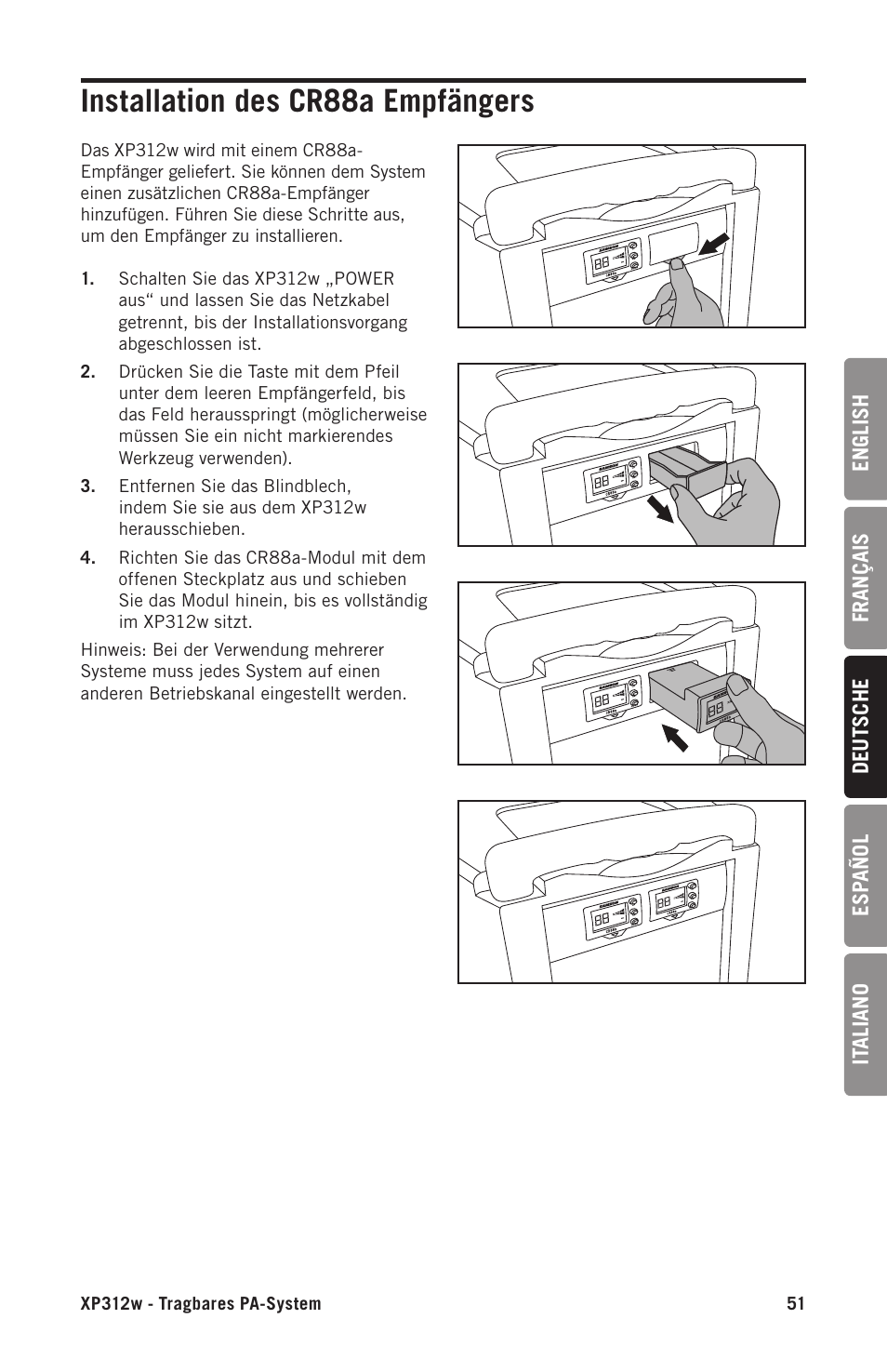 Installation des cr88a empfängers | Samson Expedition XP312w-D 12" 300W Portable PA System with Wireless Microphone (Band D: 542 to 566 MHz) User Manual | Page 51 / 88