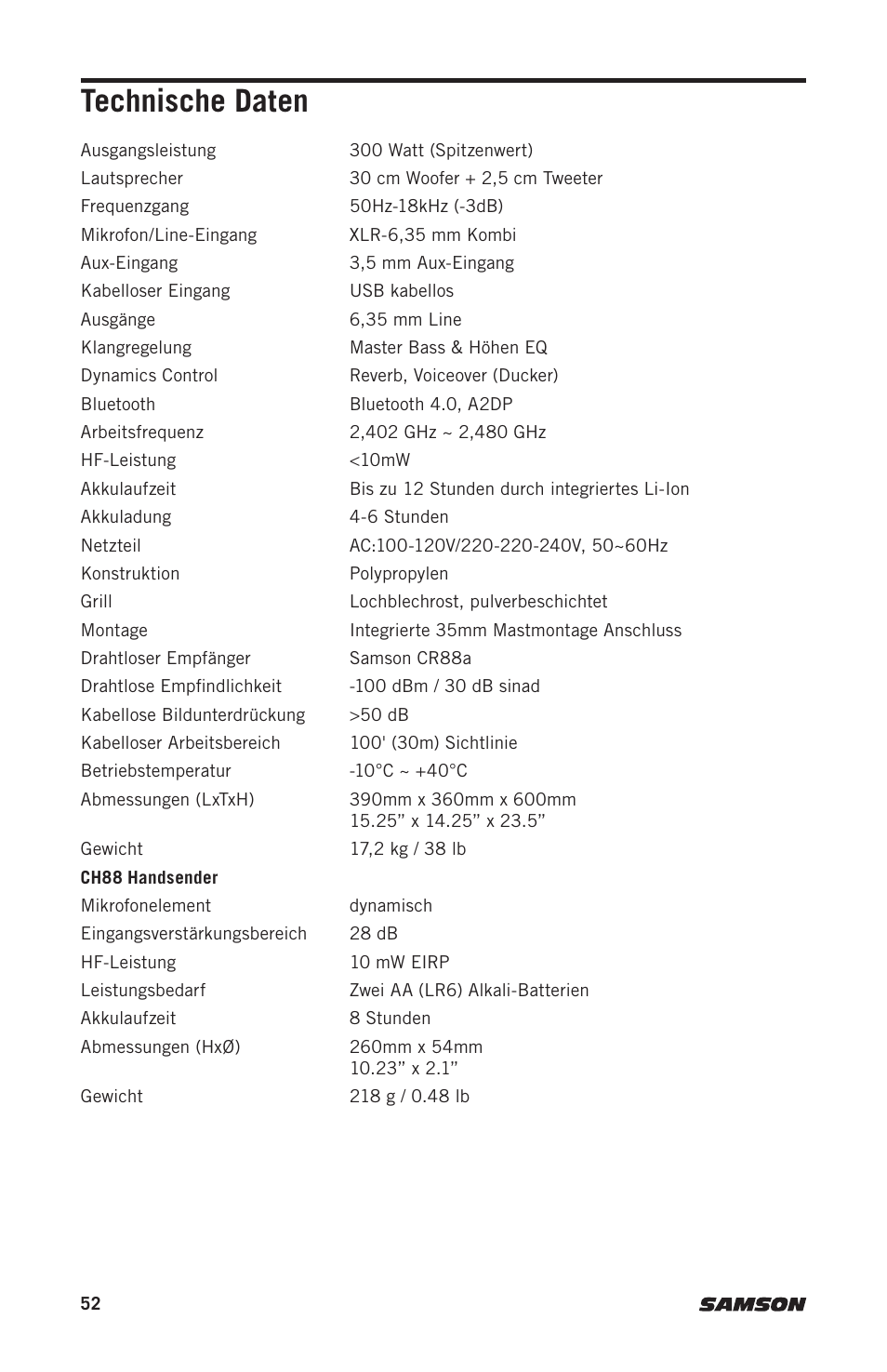 Technische daten | Samson Expedition XP312w-D 12" 300W Portable PA System with Wireless Microphone (Band D: 542 to 566 MHz) User Manual | Page 52 / 88