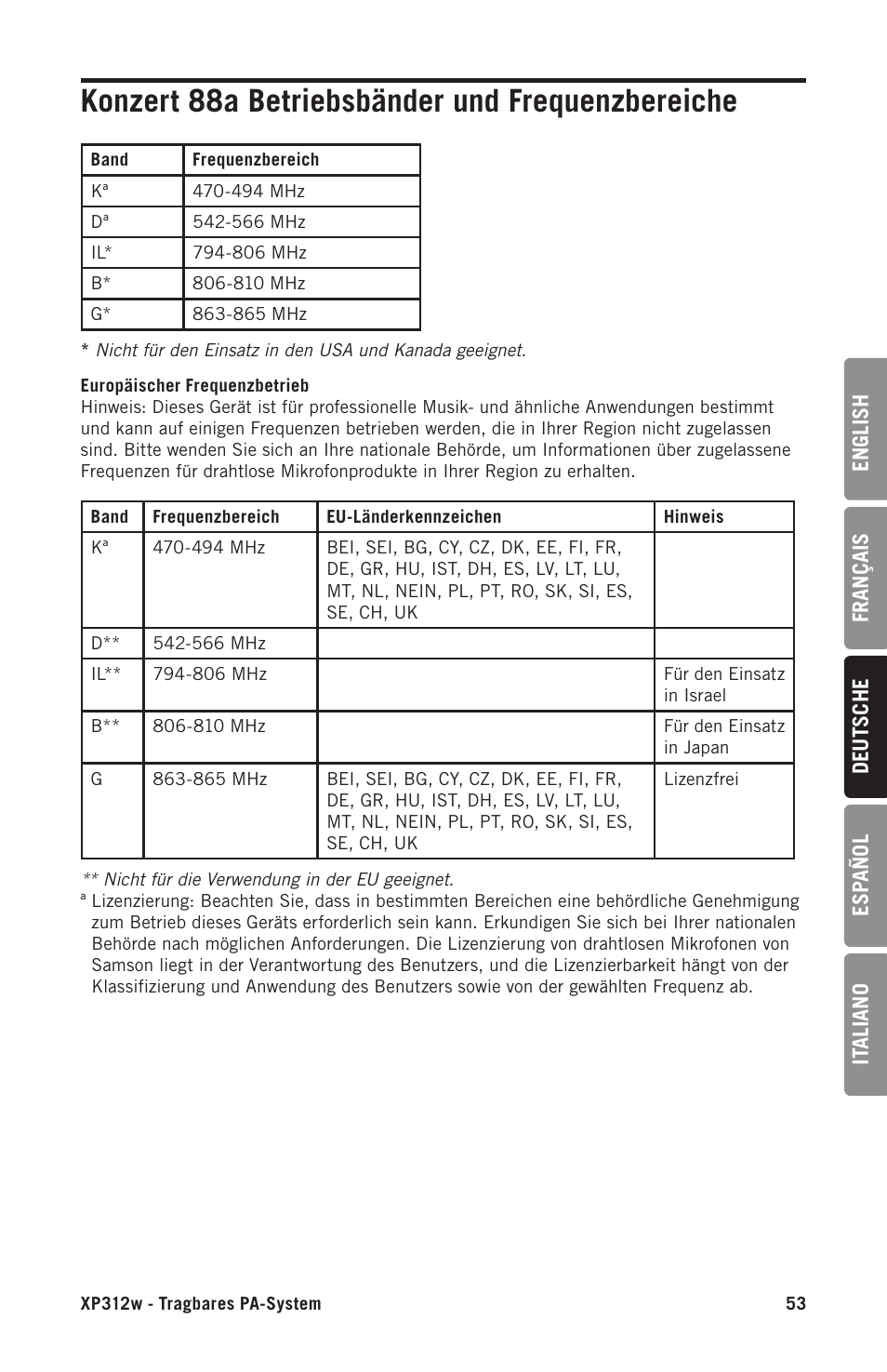 Konzert 88a betriebsbänder und frequenzbereiche | Samson Expedition XP312w-D 12" 300W Portable PA System with Wireless Microphone (Band D: 542 to 566 MHz) User Manual | Page 53 / 88