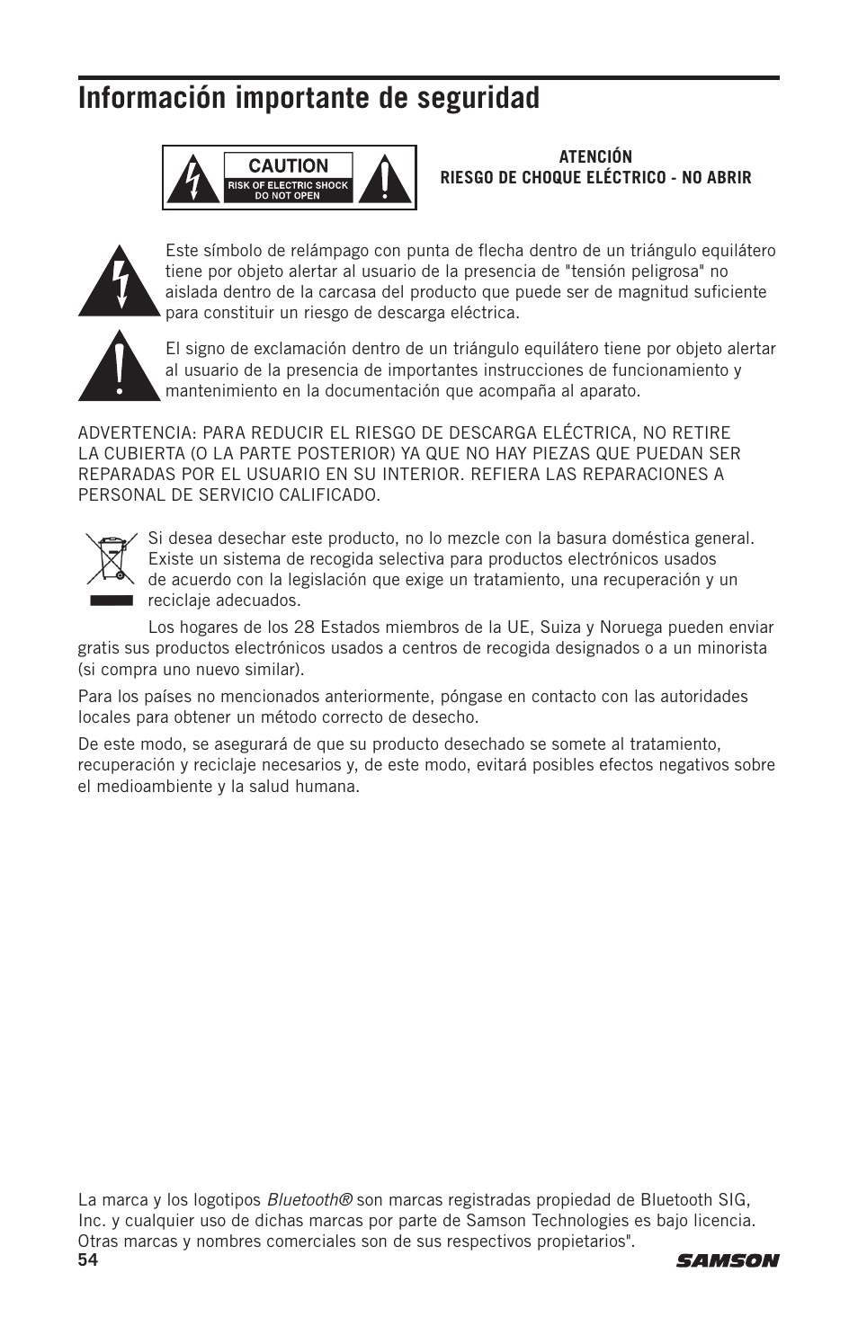 Información importante de seguridad | Samson Expedition XP312w-D 12" 300W Portable PA System with Wireless Microphone (Band D: 542 to 566 MHz) User Manual | Page 54 / 88