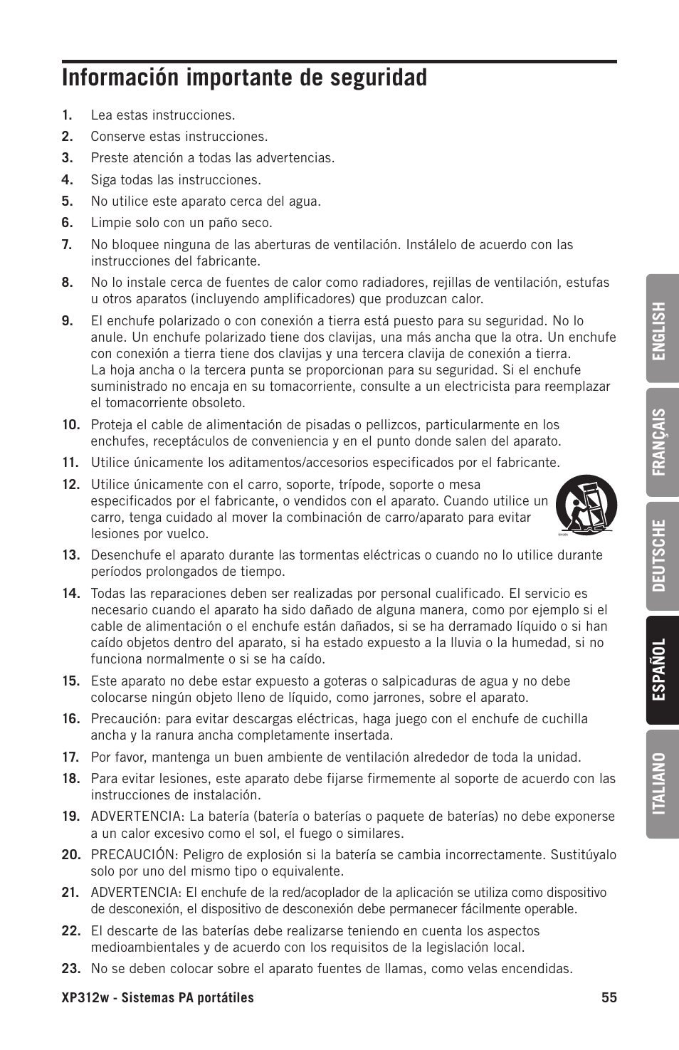 Información importante de seguridad | Samson Expedition XP312w-D 12" 300W Portable PA System with Wireless Microphone (Band D: 542 to 566 MHz) User Manual | Page 55 / 88