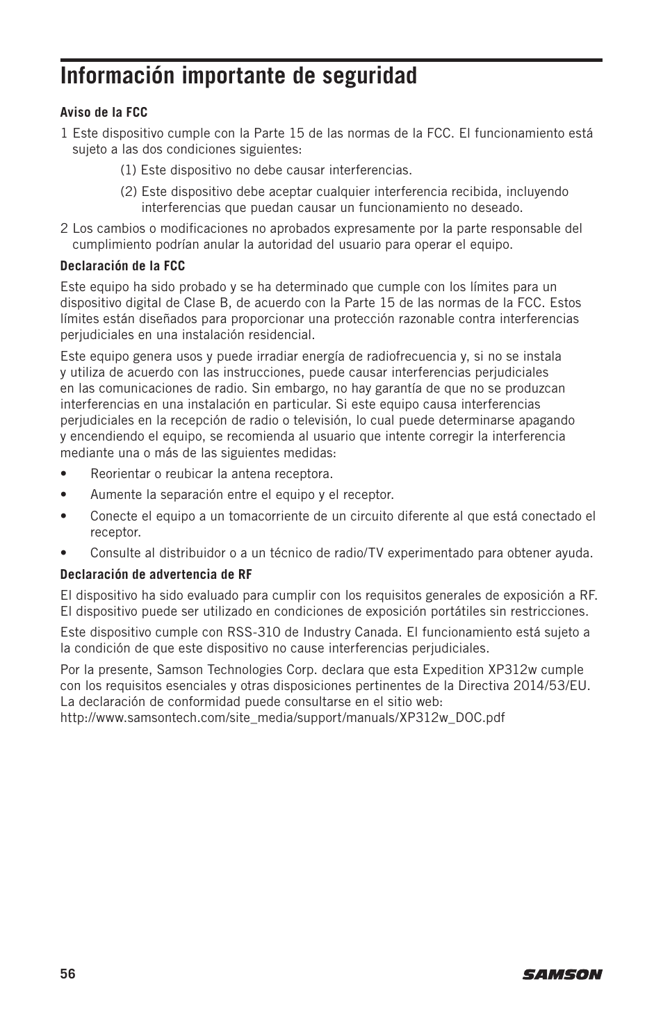 Información importante de seguridad | Samson Expedition XP312w-D 12" 300W Portable PA System with Wireless Microphone (Band D: 542 to 566 MHz) User Manual | Page 56 / 88