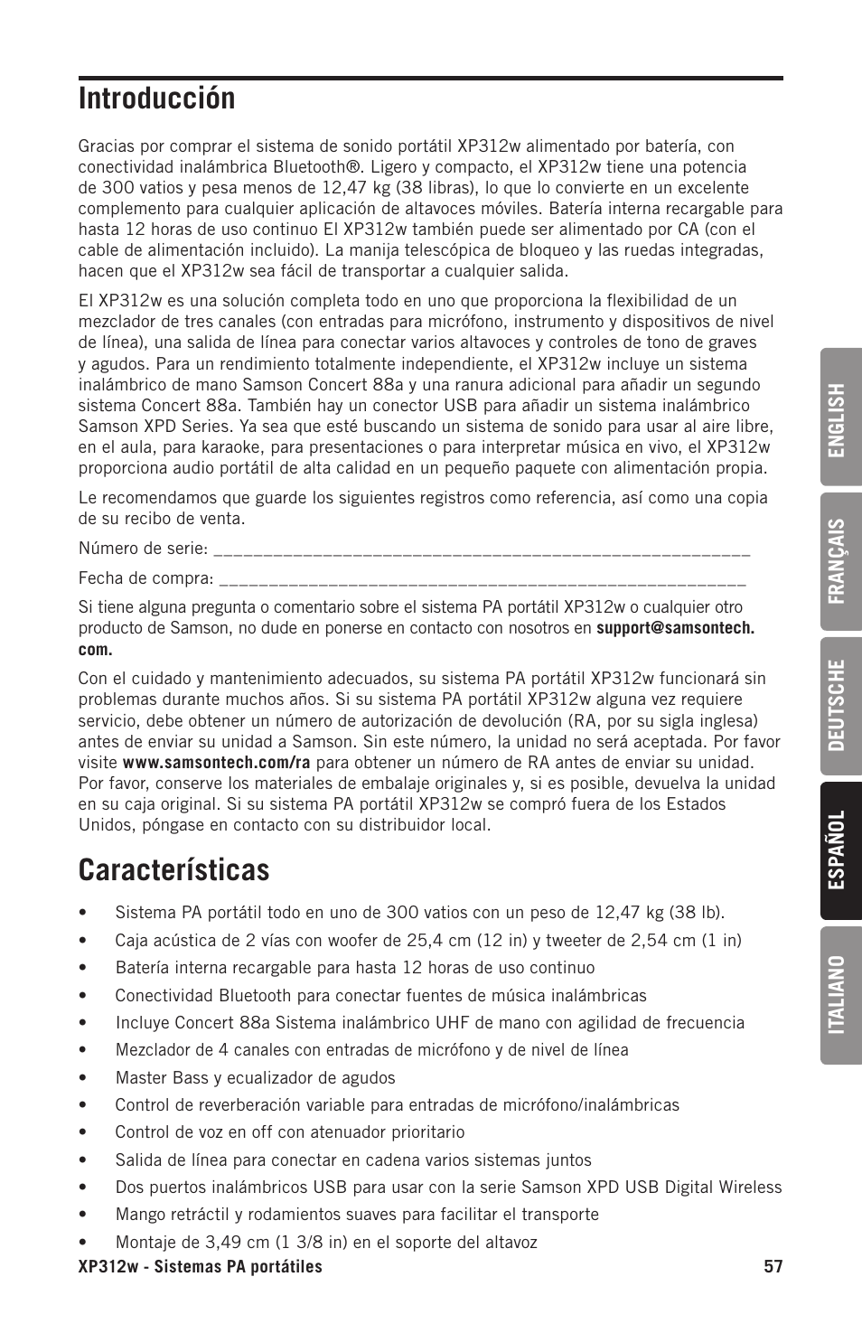 Introducción, Características | Samson Expedition XP312w-D 12" 300W Portable PA System with Wireless Microphone (Band D: 542 to 566 MHz) User Manual | Page 57 / 88