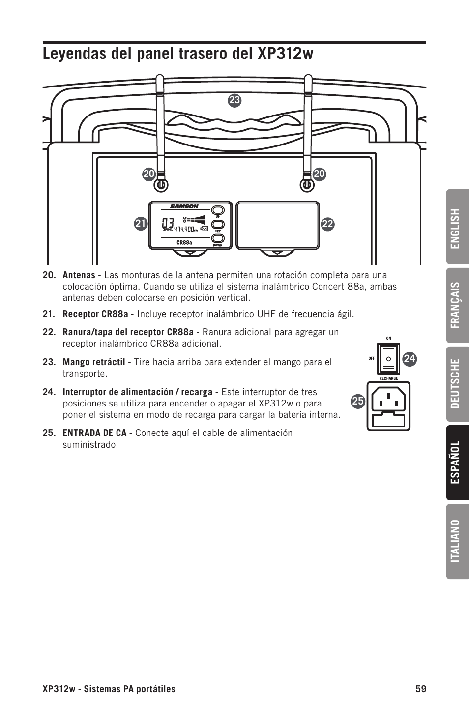 Leyendas del panel trasero del xp312w | Samson Expedition XP312w-D 12" 300W Portable PA System with Wireless Microphone (Band D: 542 to 566 MHz) User Manual | Page 59 / 88