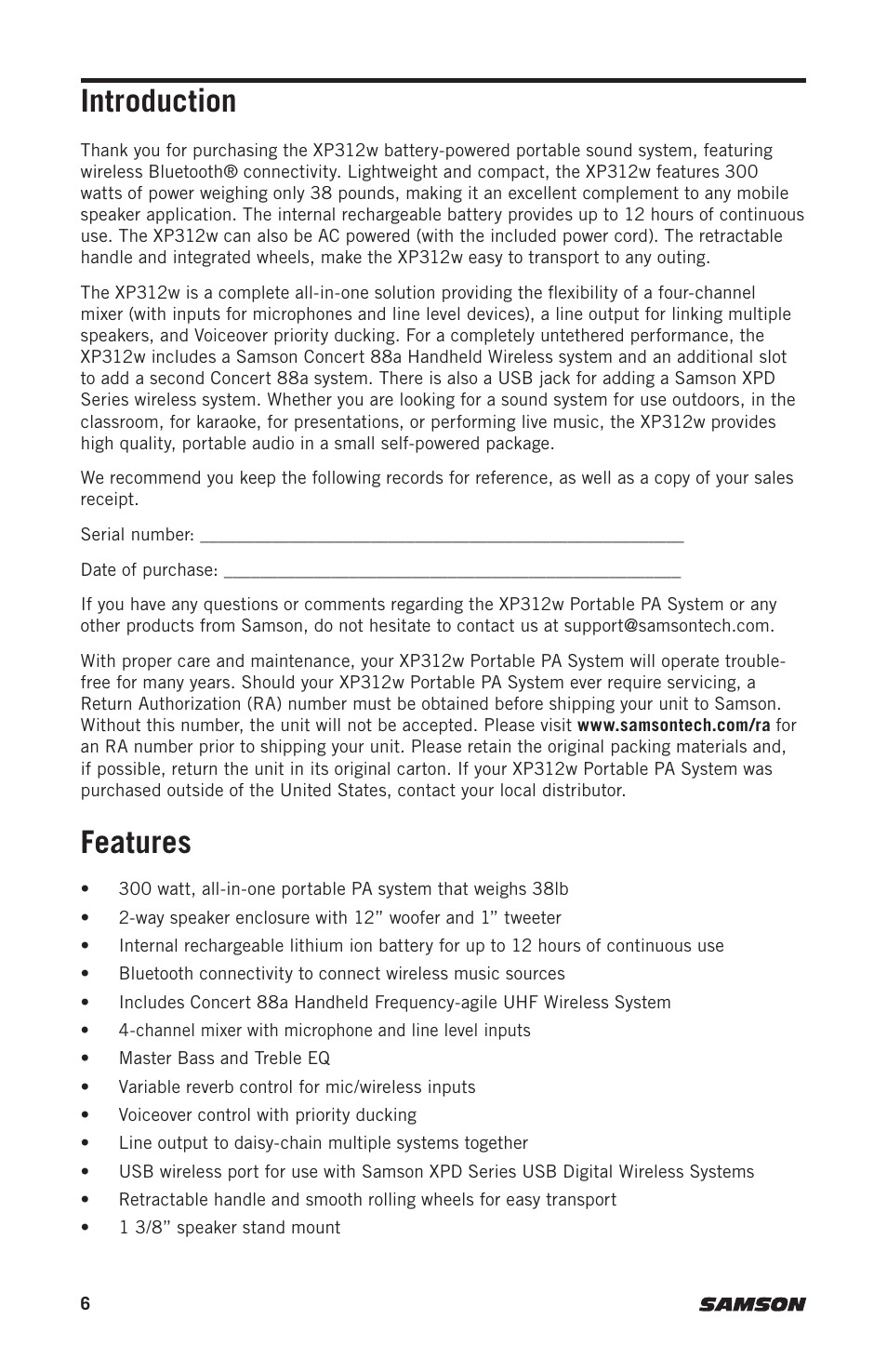 Introduction, Features | Samson Expedition XP312w-D 12" 300W Portable PA System with Wireless Microphone (Band D: 542 to 566 MHz) User Manual | Page 6 / 88