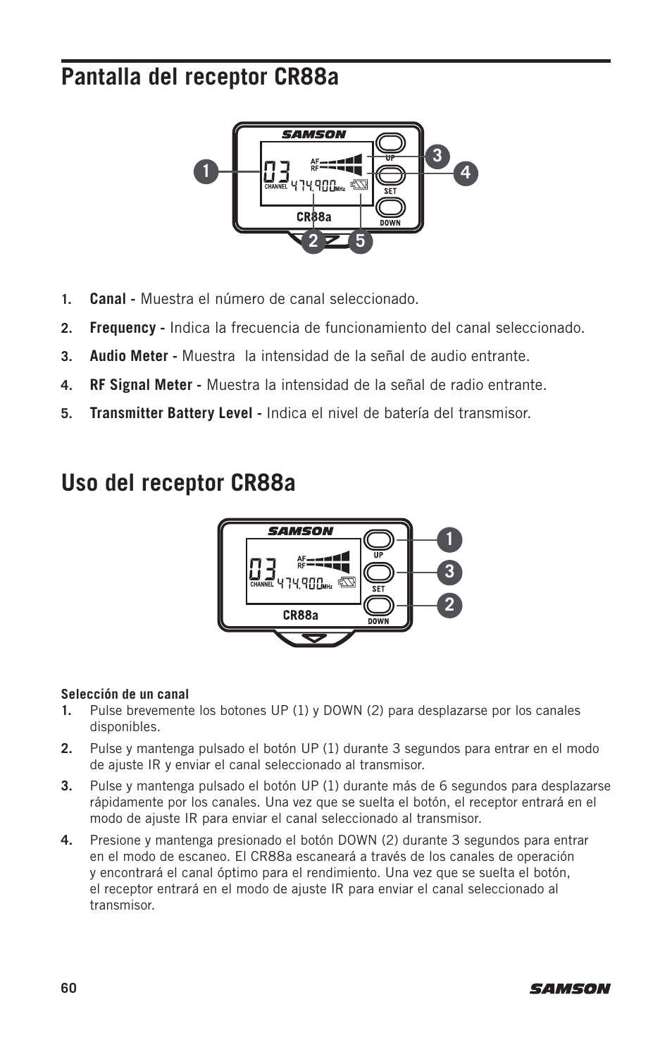 Uso del receptor cr88a pantalla del receptor cr88a | Samson Expedition XP312w-D 12" 300W Portable PA System with Wireless Microphone (Band D: 542 to 566 MHz) User Manual | Page 60 / 88