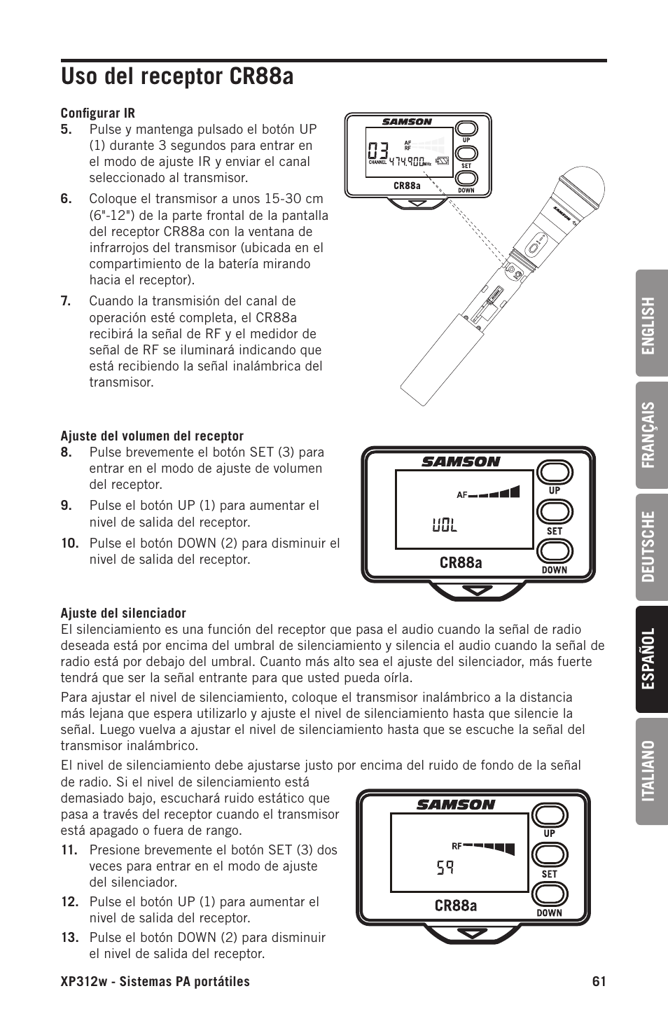 Uso del receptor cr88a | Samson Expedition XP312w-D 12" 300W Portable PA System with Wireless Microphone (Band D: 542 to 566 MHz) User Manual | Page 61 / 88