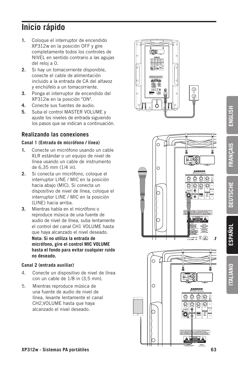 Inicio rápido | Samson Expedition XP312w-D 12" 300W Portable PA System with Wireless Microphone (Band D: 542 to 566 MHz) User Manual | Page 63 / 88