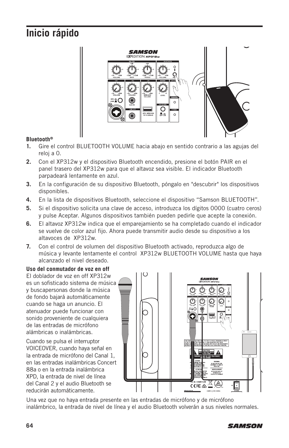 Inicio rápido | Samson Expedition XP312w-D 12" 300W Portable PA System with Wireless Microphone (Band D: 542 to 566 MHz) User Manual | Page 64 / 88