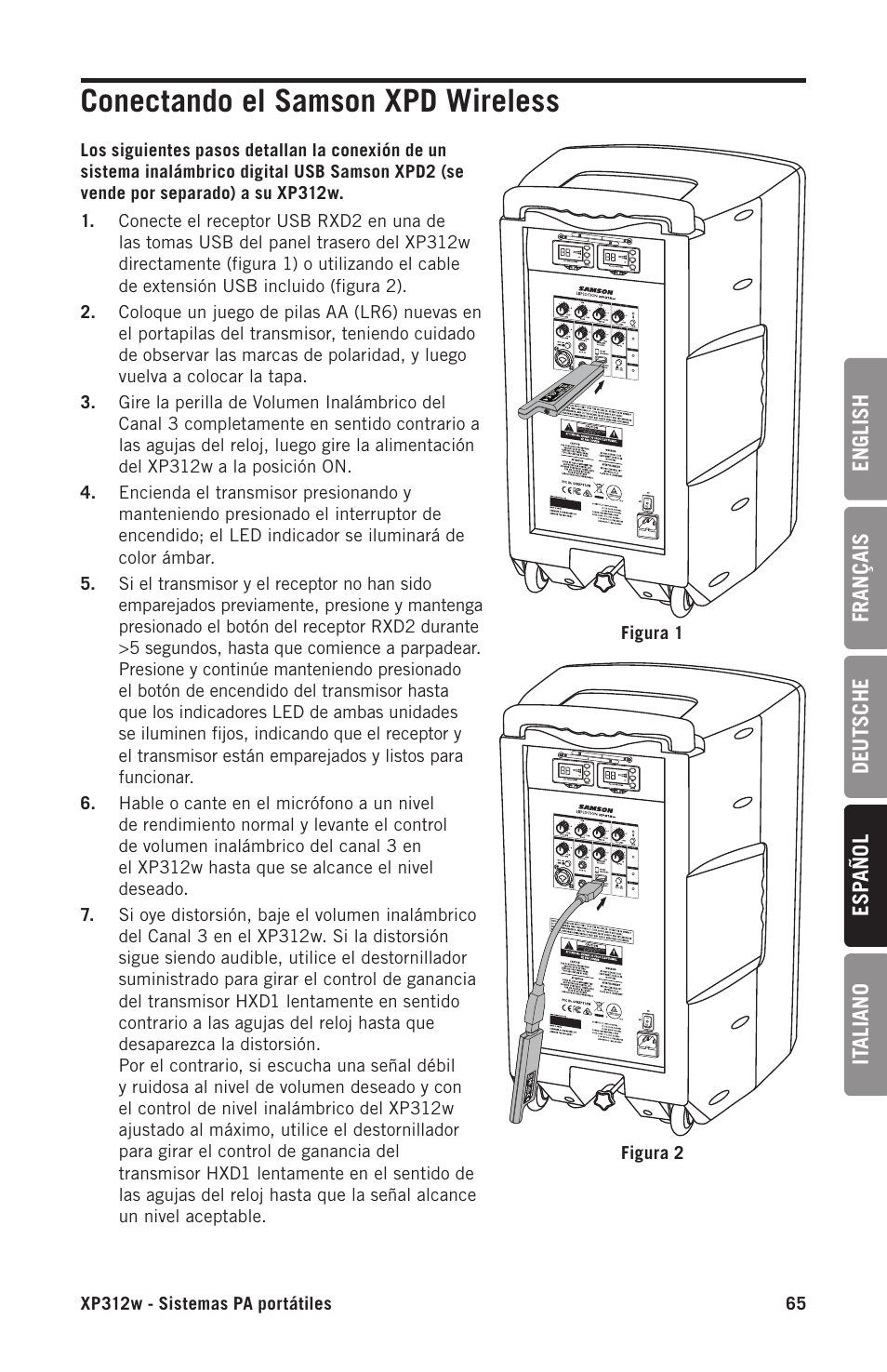 Conectando el samson xpd wireless | Samson Expedition XP312w-D 12" 300W Portable PA System with Wireless Microphone (Band D: 542 to 566 MHz) User Manual | Page 65 / 88