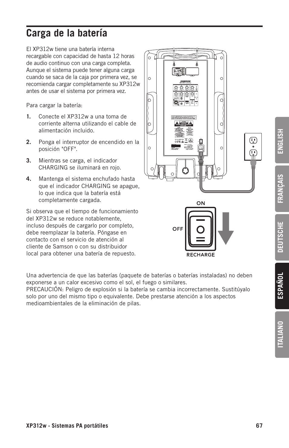 Carga de la batería | Samson Expedition XP312w-D 12" 300W Portable PA System with Wireless Microphone (Band D: 542 to 566 MHz) User Manual | Page 67 / 88