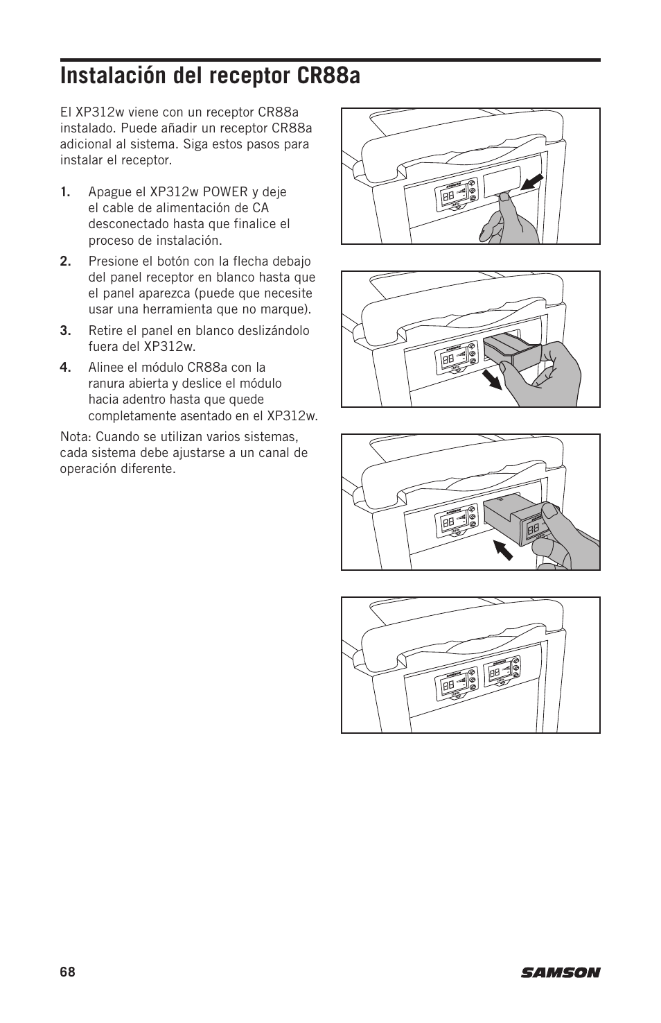 Instalación del receptor cr88a | Samson Expedition XP312w-D 12" 300W Portable PA System with Wireless Microphone (Band D: 542 to 566 MHz) User Manual | Page 68 / 88