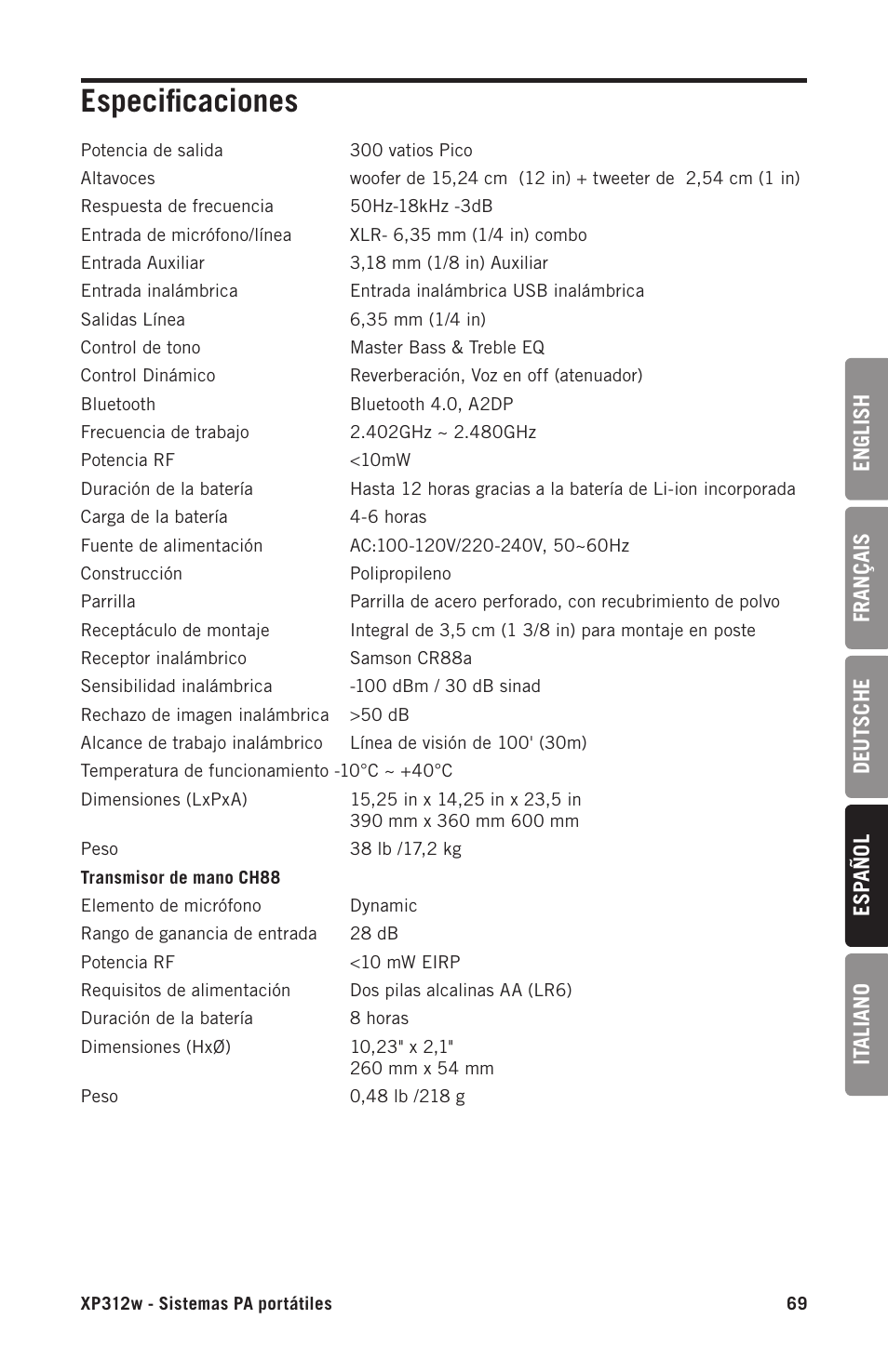 Especificaciones | Samson Expedition XP312w-D 12" 300W Portable PA System with Wireless Microphone (Band D: 542 to 566 MHz) User Manual | Page 69 / 88