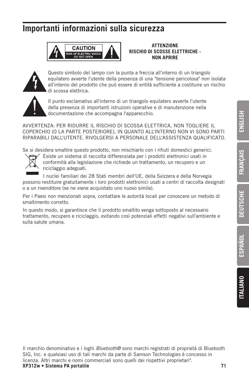 Importanti informazioni sulla sicurezza | Samson Expedition XP312w-D 12" 300W Portable PA System with Wireless Microphone (Band D: 542 to 566 MHz) User Manual | Page 71 / 88