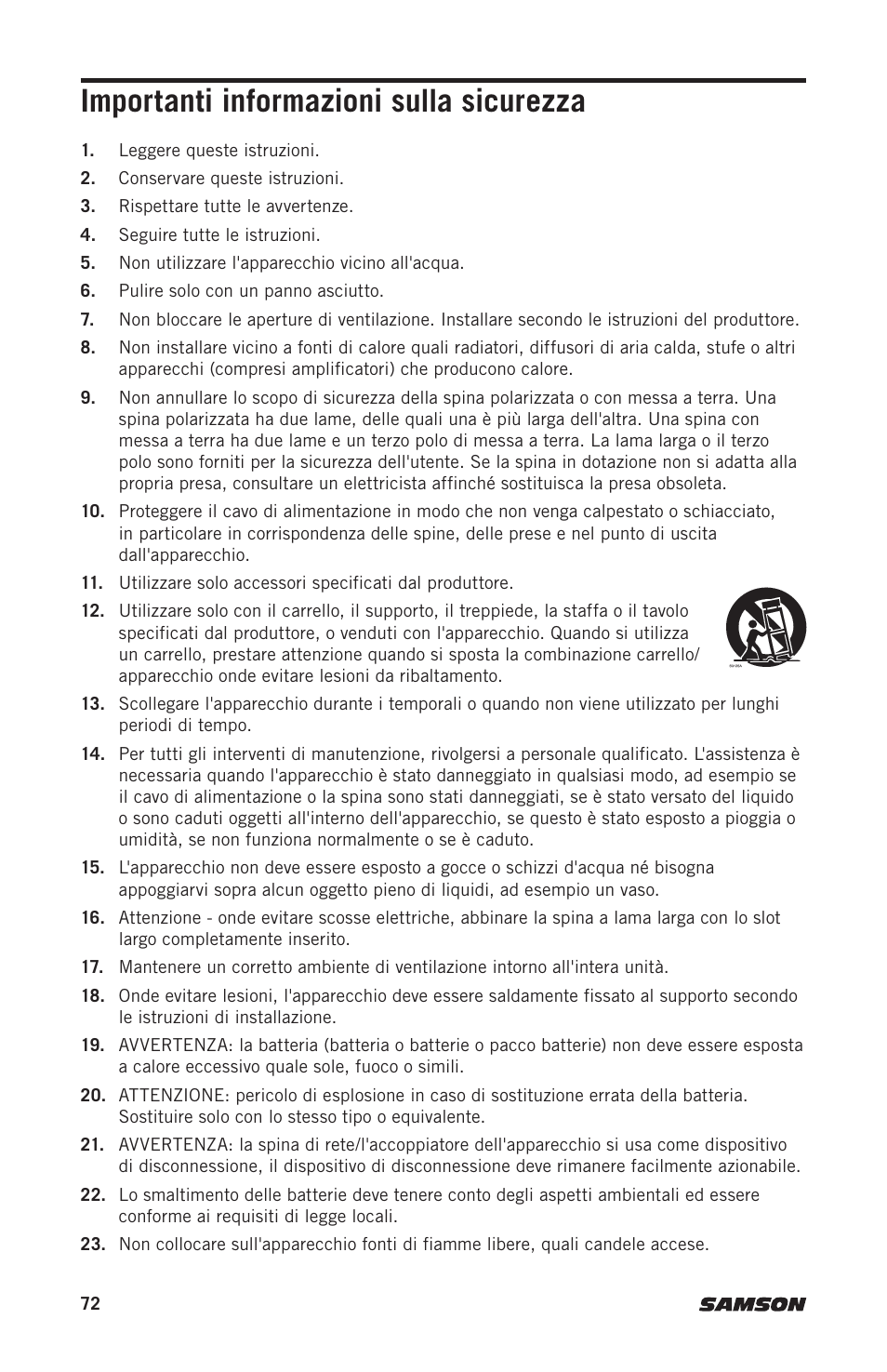 Importanti informazioni sulla sicurezza | Samson Expedition XP312w-D 12" 300W Portable PA System with Wireless Microphone (Band D: 542 to 566 MHz) User Manual | Page 72 / 88