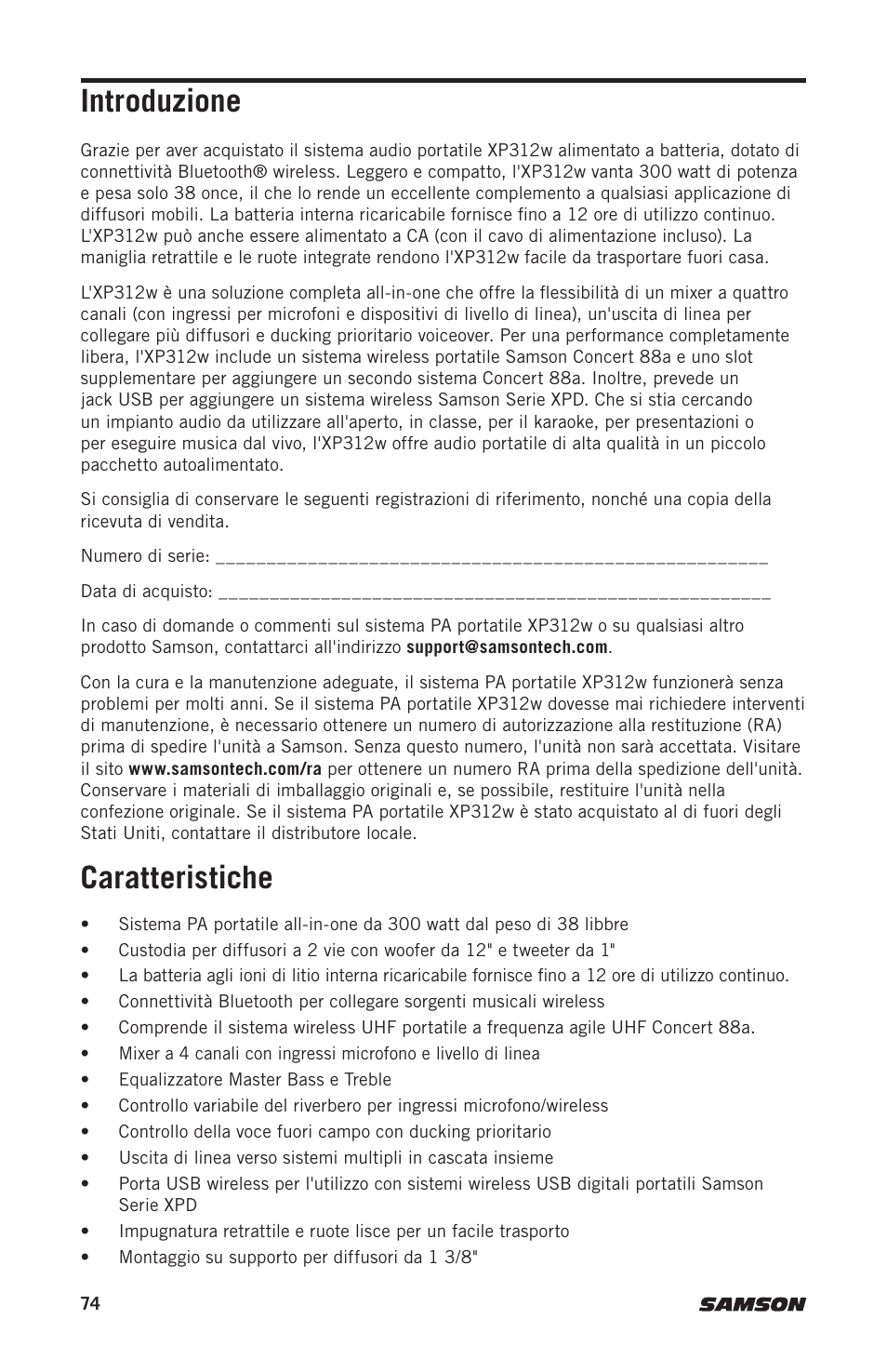 Introduzione, Caratteristiche | Samson Expedition XP312w-D 12" 300W Portable PA System with Wireless Microphone (Band D: 542 to 566 MHz) User Manual | Page 74 / 88