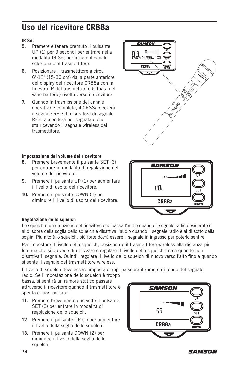 Uso del ricevitore cr88a | Samson Expedition XP312w-D 12" 300W Portable PA System with Wireless Microphone (Band D: 542 to 566 MHz) User Manual | Page 78 / 88