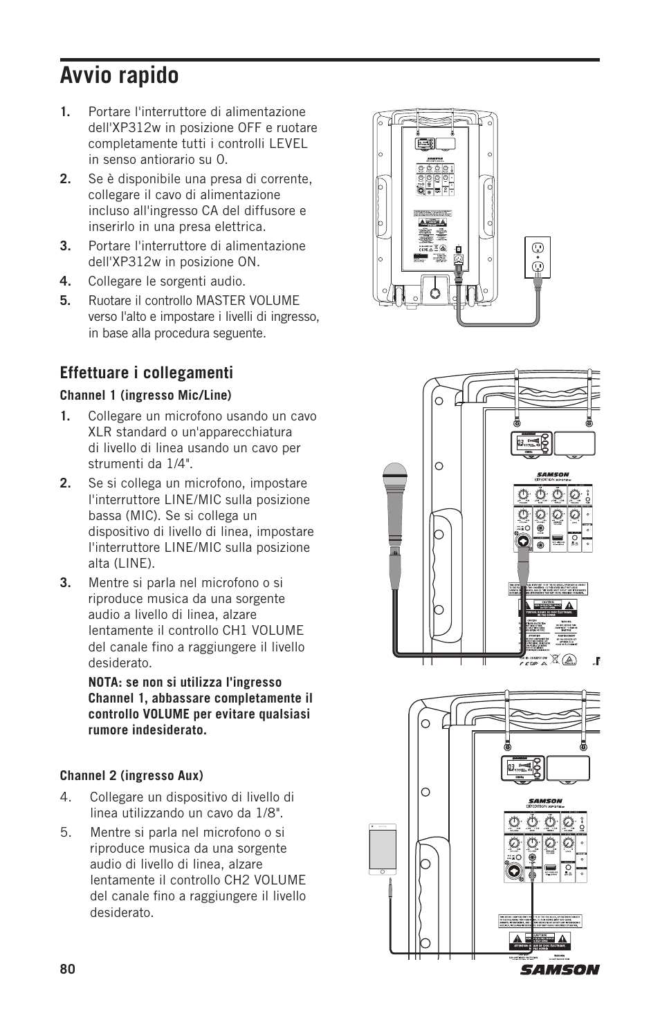 Avvio rapido, Effettuare i collegamenti | Samson Expedition XP312w-D 12" 300W Portable PA System with Wireless Microphone (Band D: 542 to 566 MHz) User Manual | Page 80 / 88