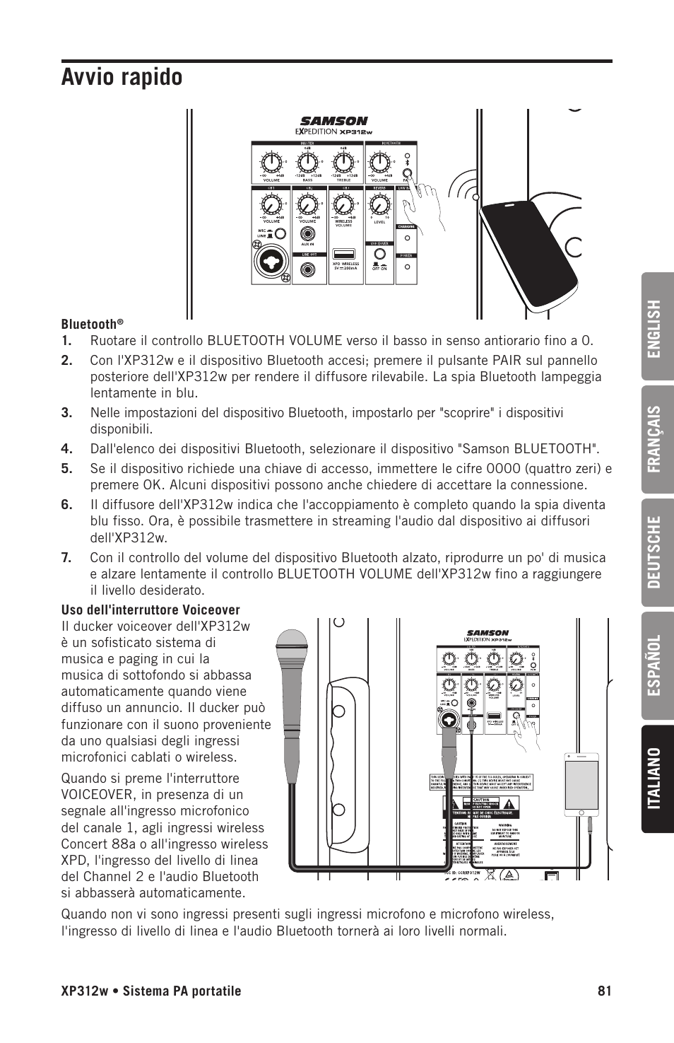 Avvio rapido | Samson Expedition XP312w-D 12" 300W Portable PA System with Wireless Microphone (Band D: 542 to 566 MHz) User Manual | Page 81 / 88