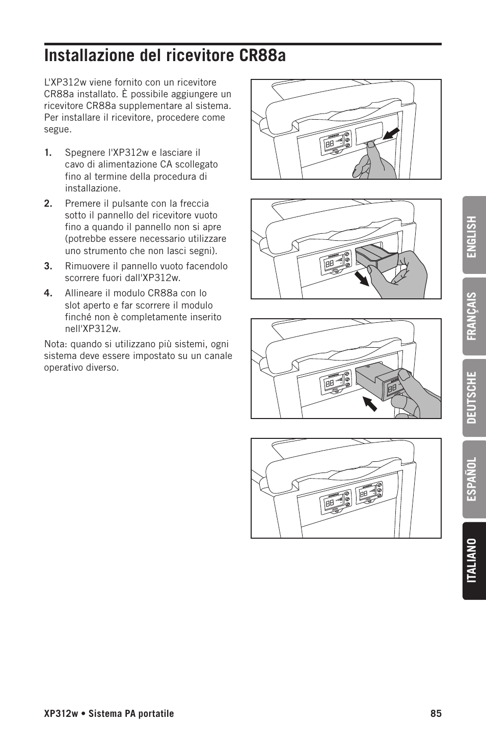 Installazione del ricevitore cr88a | Samson Expedition XP312w-D 12" 300W Portable PA System with Wireless Microphone (Band D: 542 to 566 MHz) User Manual | Page 85 / 88