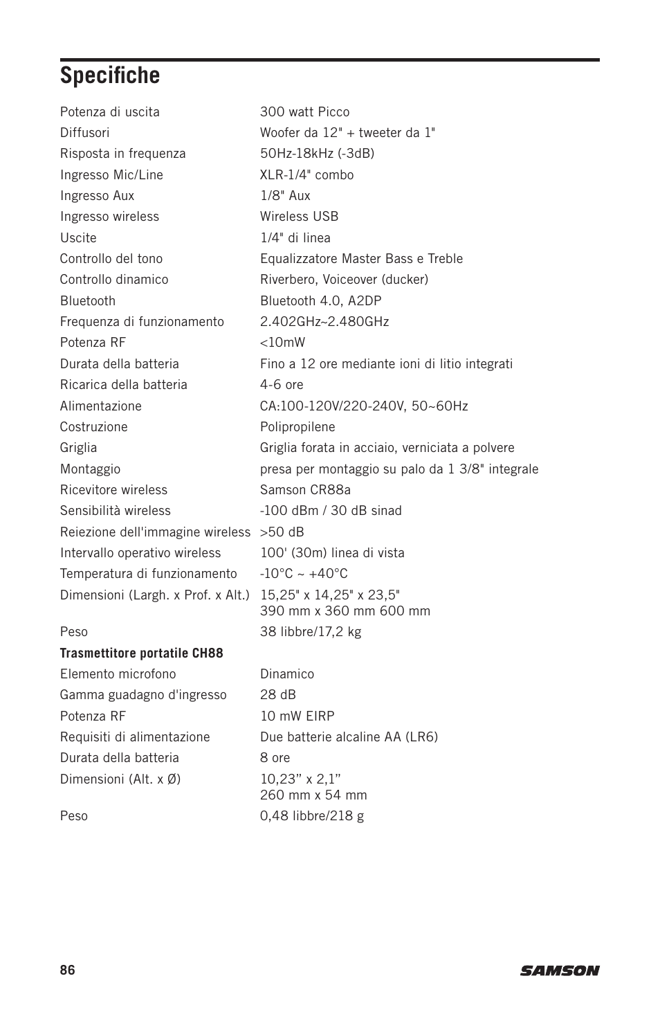 Specifiche | Samson Expedition XP312w-D 12" 300W Portable PA System with Wireless Microphone (Band D: 542 to 566 MHz) User Manual | Page 86 / 88