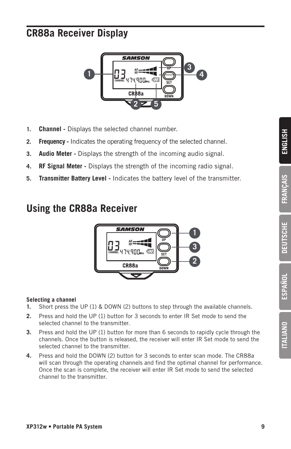 Using the cr88a receiver cr88a receiver display | Samson Expedition XP312w-D 12" 300W Portable PA System with Wireless Microphone (Band D: 542 to 566 MHz) User Manual | Page 9 / 88