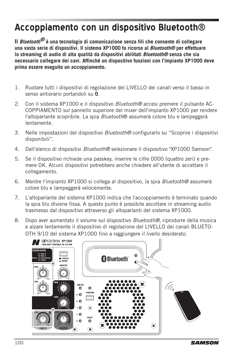Accoppiamento con un dispositivo bluetooth | Samson Expedition XP1000 1,000W Portable PA System User Manual | Page 100 / 112