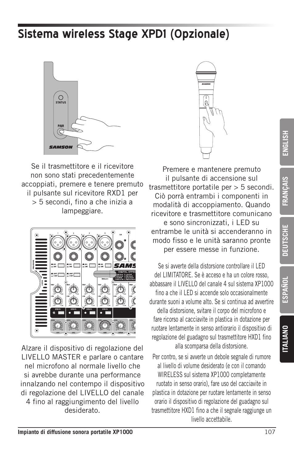 Sistema wireless stage xpd1 (opzionale) | Samson Expedition XP1000 1,000W Portable PA System User Manual | Page 107 / 112