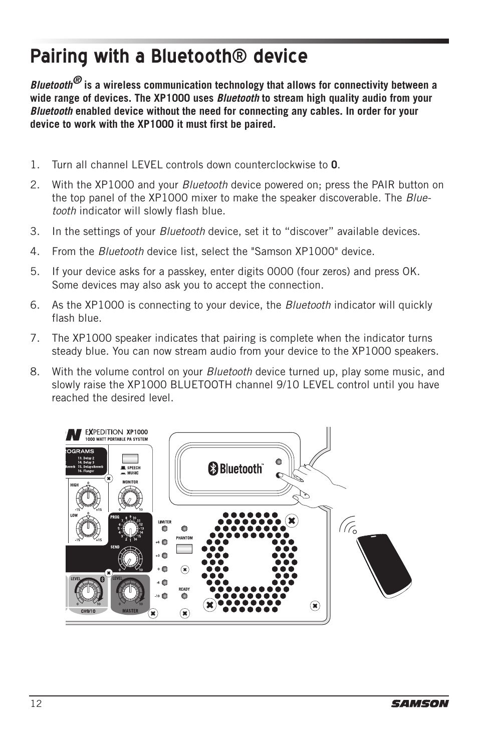 Pairing with a bluetooth® device | Samson Expedition XP1000 1,000W Portable PA System User Manual | Page 12 / 112