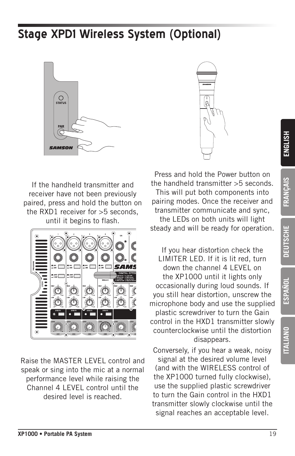 Stage xpd1 wireless system (optional) | Samson Expedition XP1000 1,000W Portable PA System User Manual | Page 19 / 112