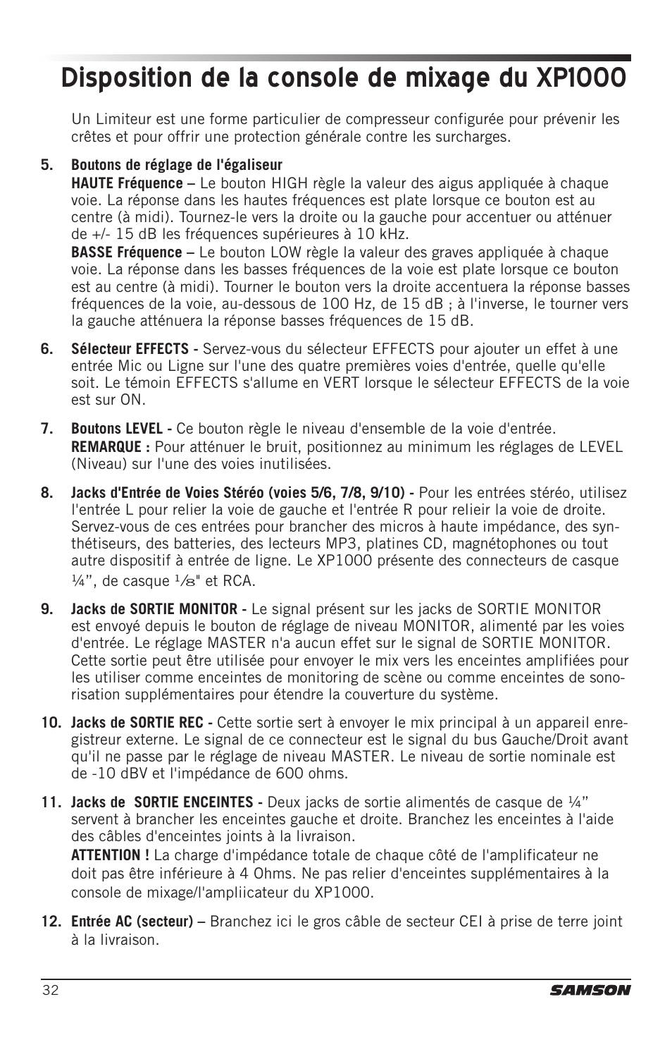 Disposition de la console de mixage du xp1000 | Samson Expedition XP1000 1,000W Portable PA System User Manual | Page 32 / 112