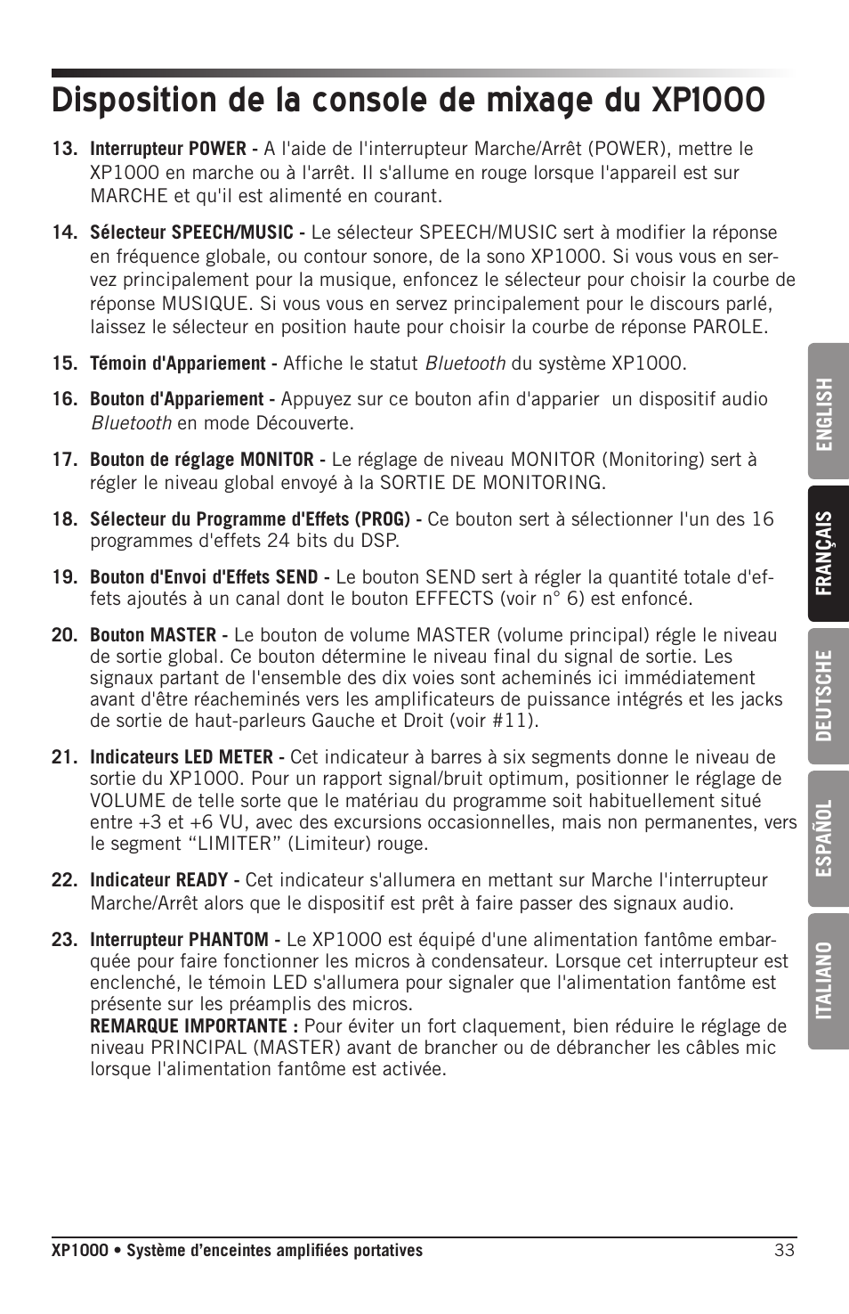 Disposition de la console de mixage du xp1000 | Samson Expedition XP1000 1,000W Portable PA System User Manual | Page 33 / 112